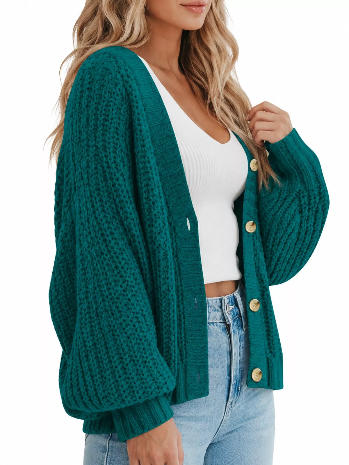 Button cardigan, teal side