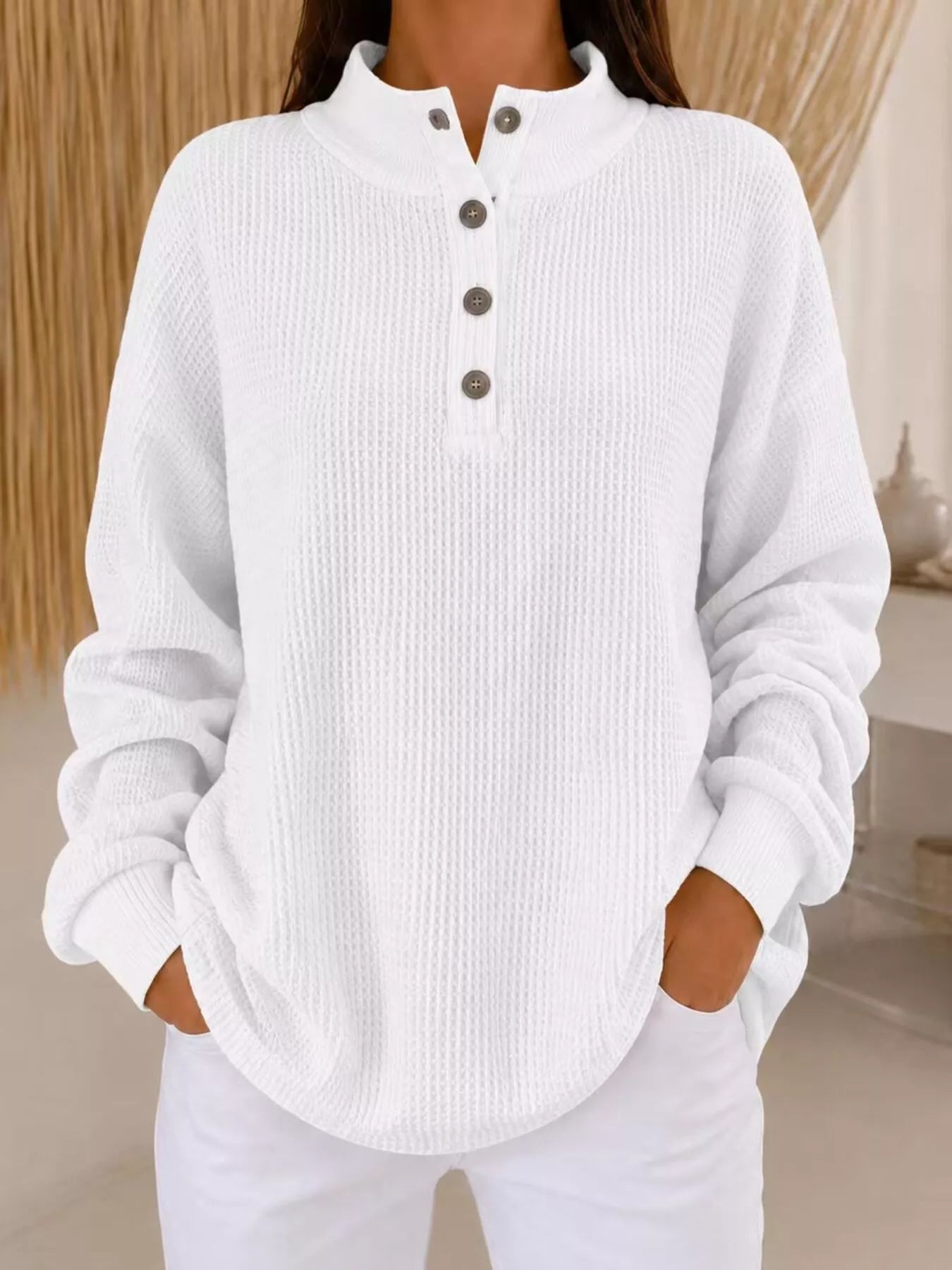 Trendsi Full Size Waffle Knit Button Detail Sweatshirt Plus Size -