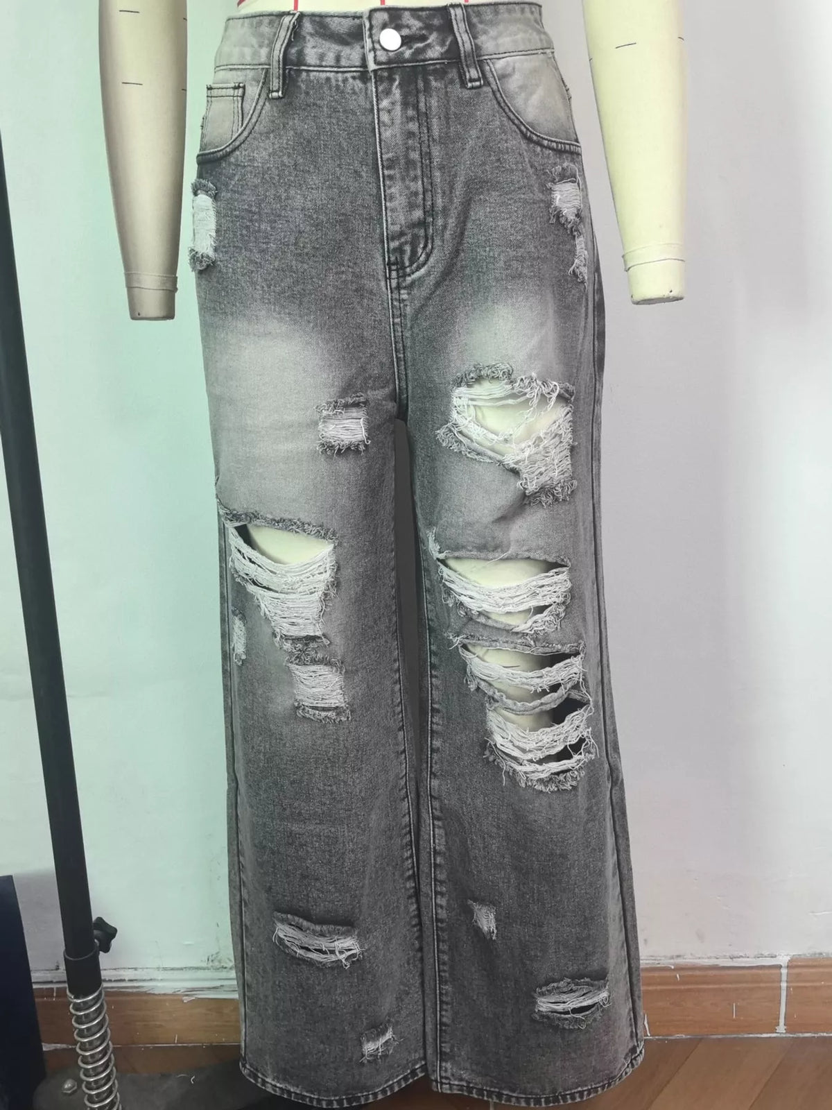 Distressed Wide-Leg Jeans in gray, front view