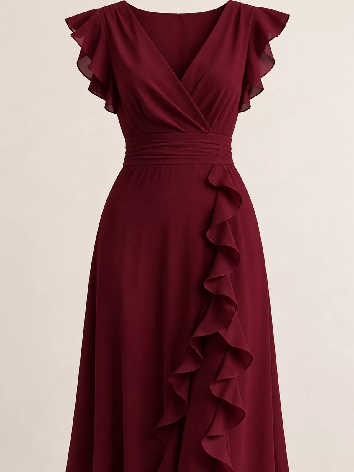 Burgundy ruffled surplice maxi dress, surplice bodice and ruffles