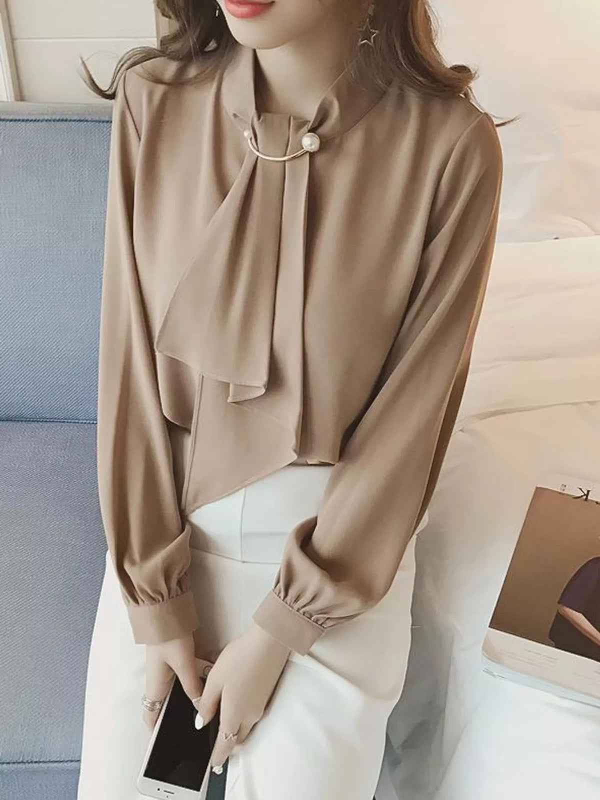 Mock Neck Blouse with Pearl Accent and Lantern Sleeves in apricot