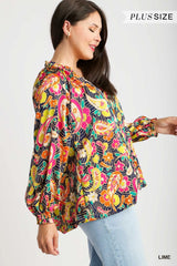Trendsi Umgee Full Size Satin Paisley Ruffle Neck Button-Up Shirt Plus Size -