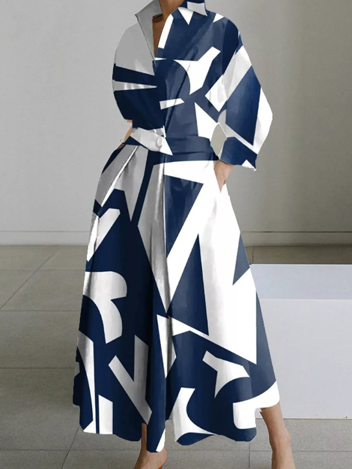 Collared Three-Quarter Sleeve Midi Shirt Dress — front view