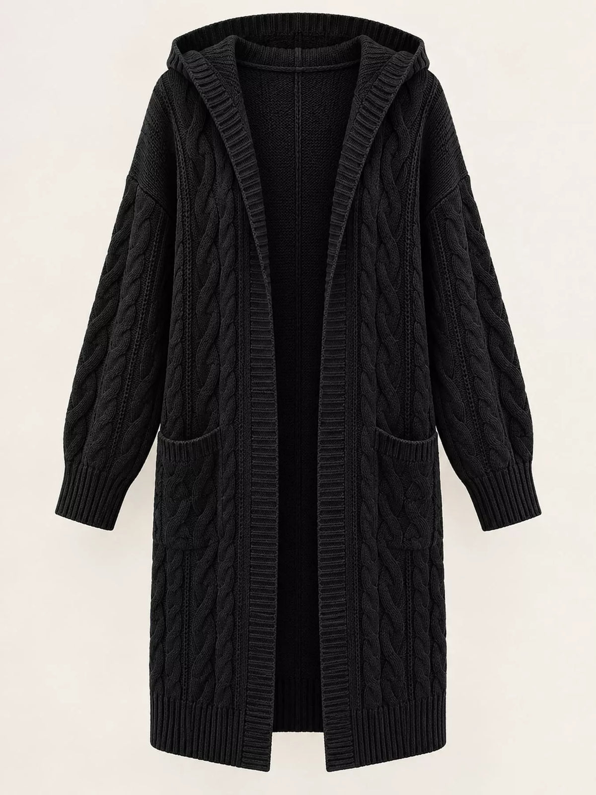 Hooded Cable Knit Longline Cardigan in black