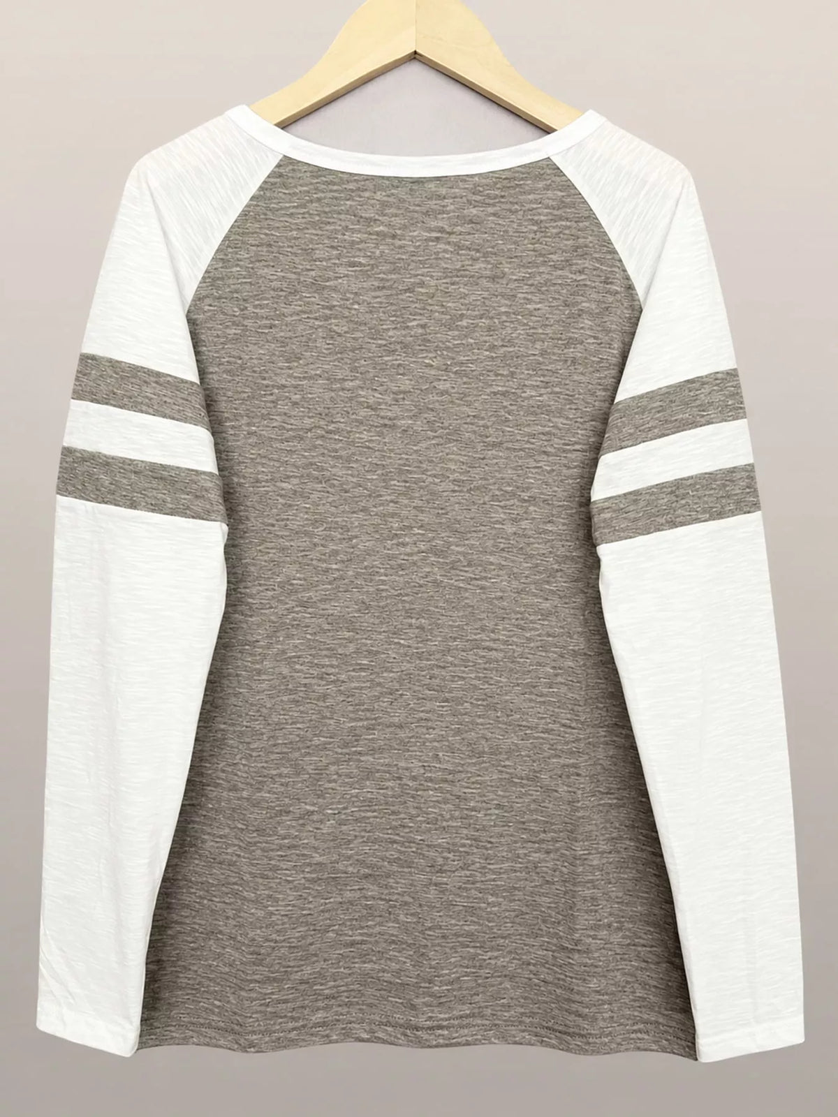 Gray color-block raglan sleeve striped t-shirt, back view