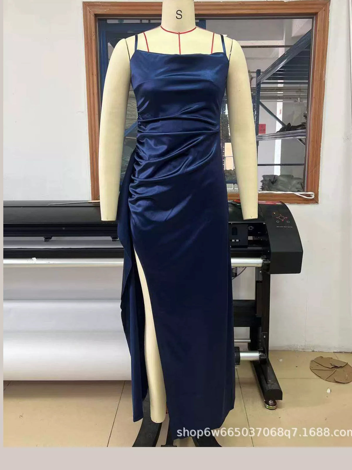 Navy satin ruched high slit maxi dress, front view