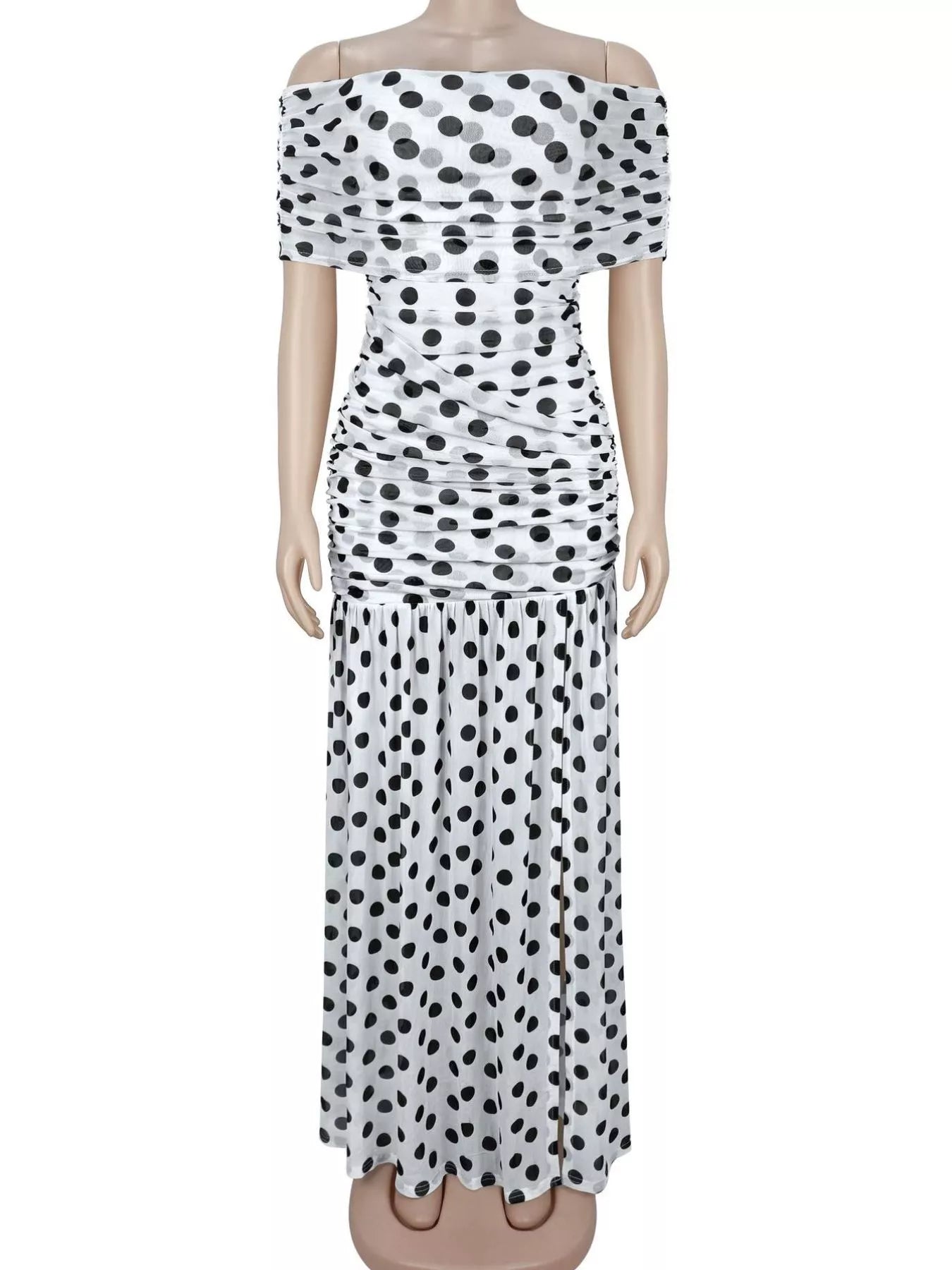 Trendsi Polka Dot Off Shoulder Slit Maxi Dress -