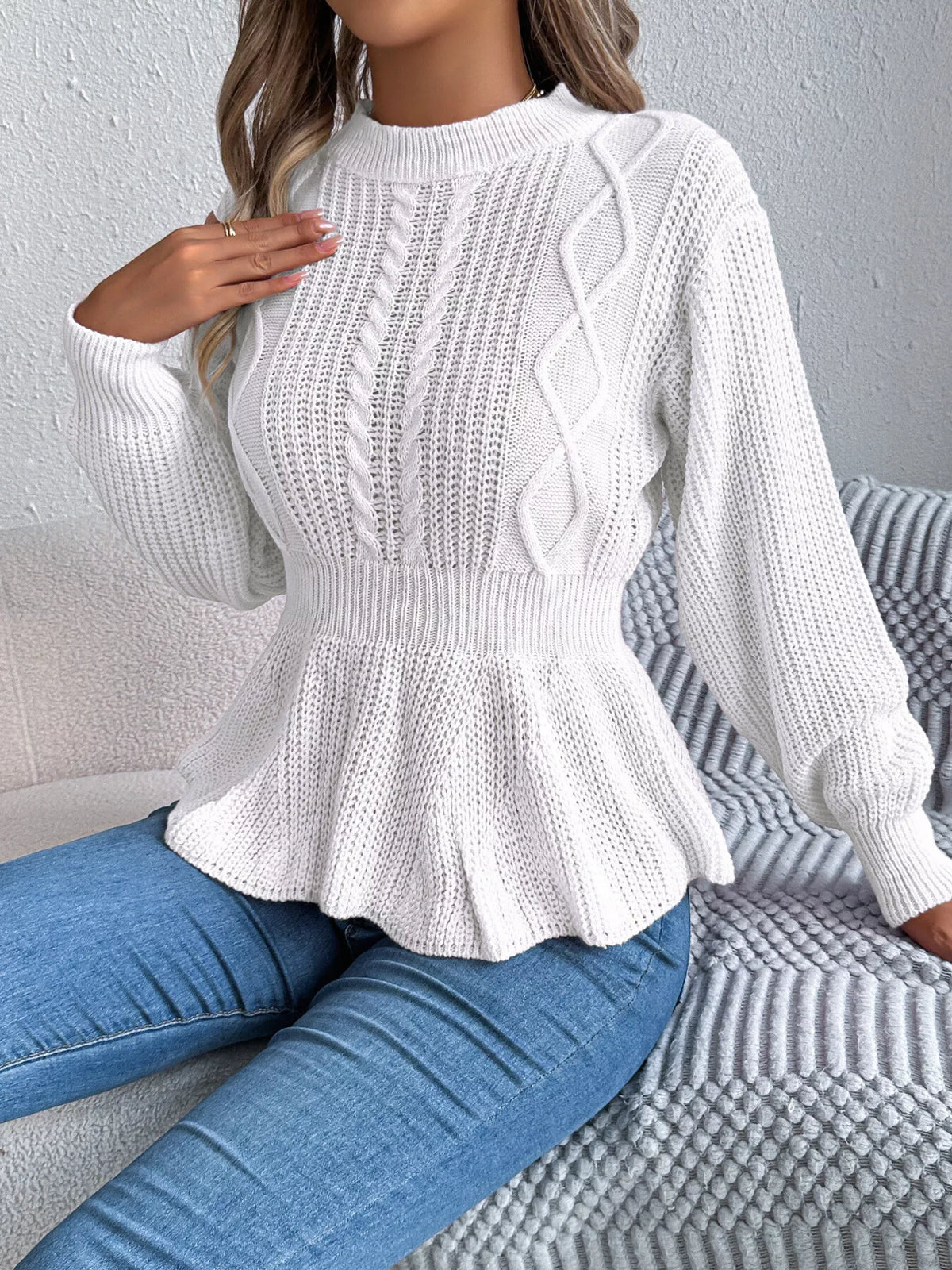 Cable Knit Peplum Sweater in white, front view