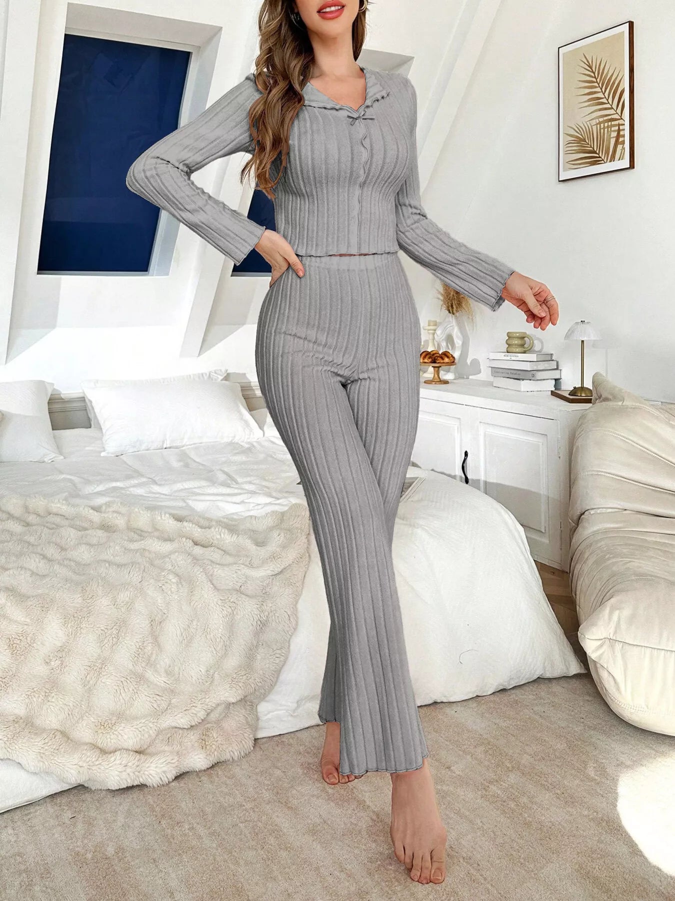 Trendsi Bow Detail Ribbed Knit Top and Pants Lounge Set -