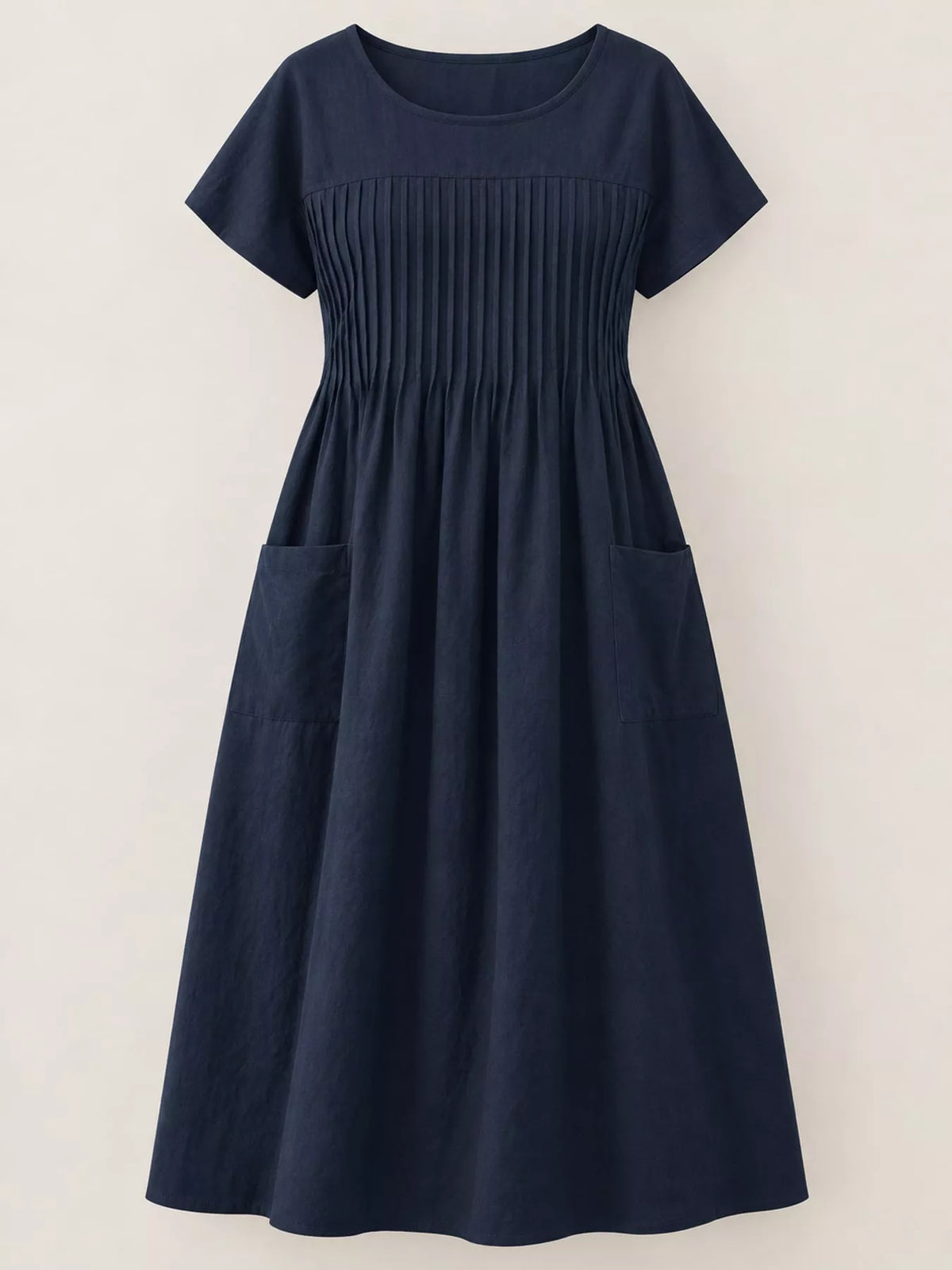 Pleated Midi Dress with Pockets in navy blue