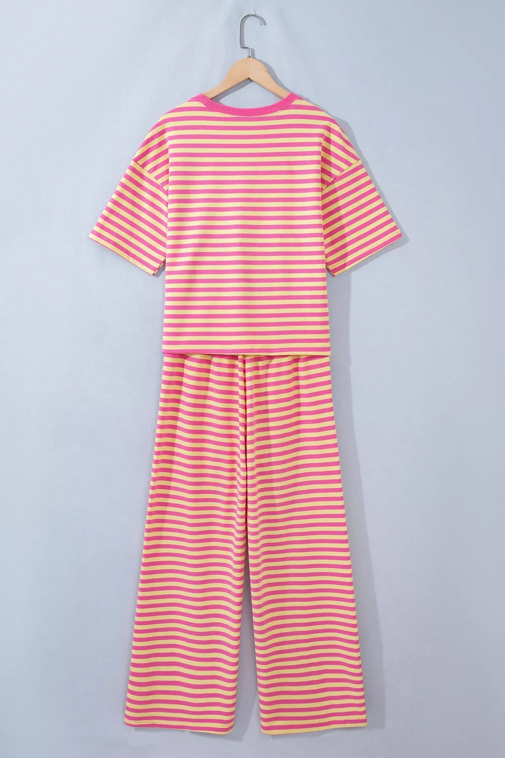 Trendsi Stripe Colorblock Trim Crew Neck Loose Tee Drawstring Elastic Waist 2pcs Pant Set -
