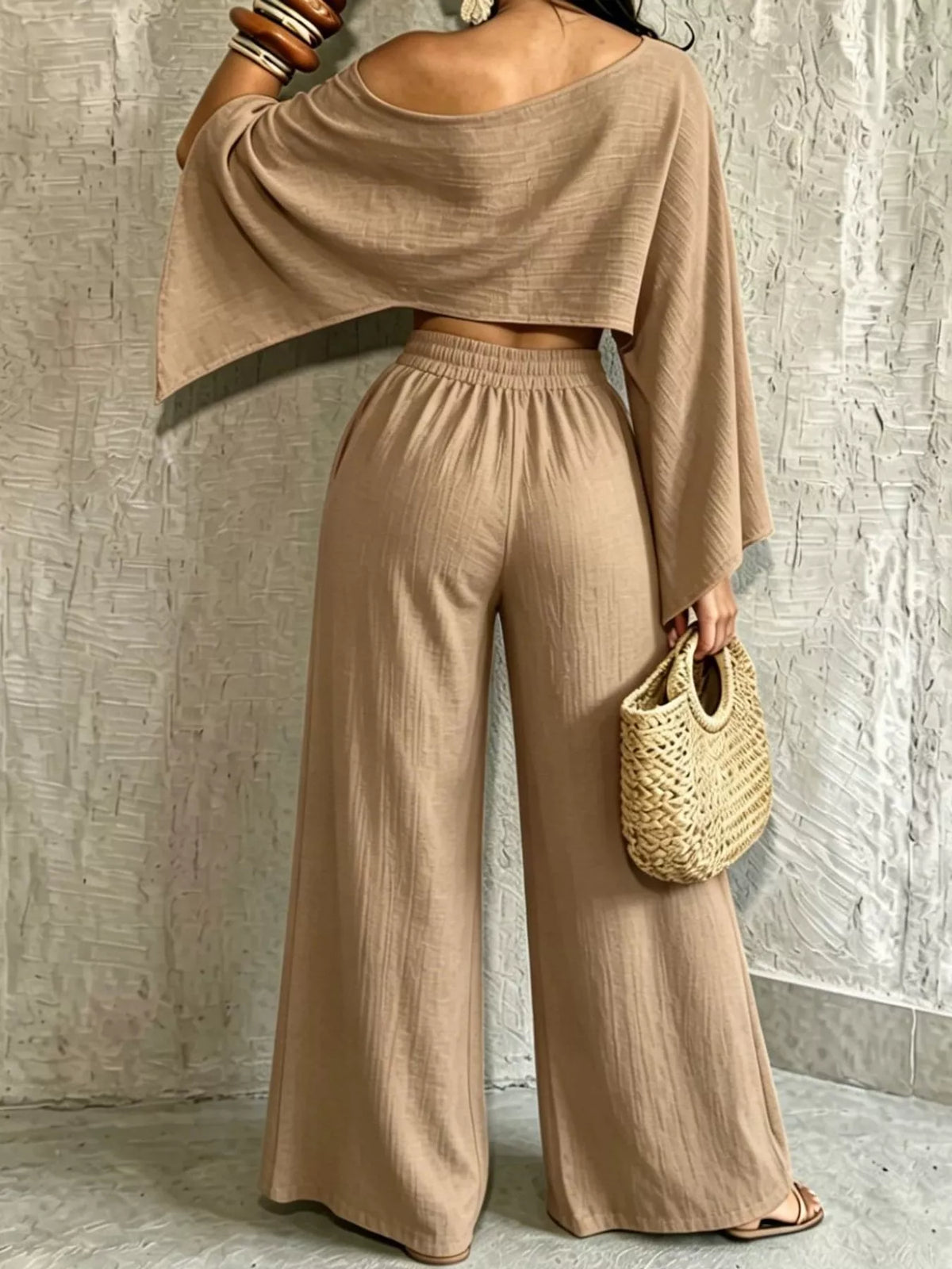 Women's Boat Neck Crop Top and Wide-Leg Pants Set in taupe — front view