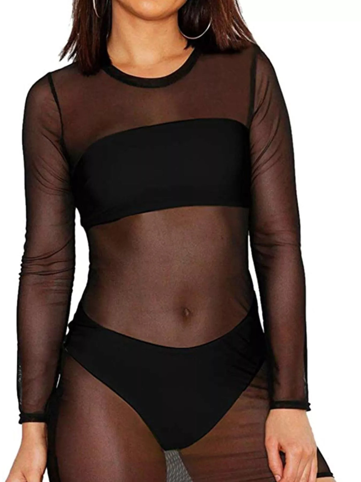 Round neck long sleeve mini top, front view on model