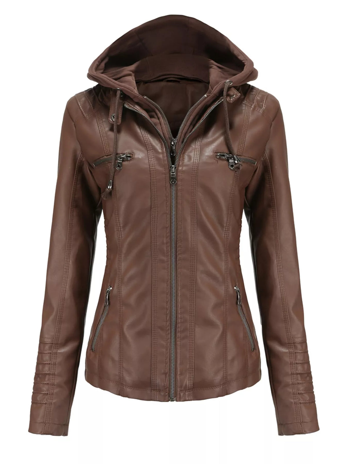 Hooded faux-leather jacket, brown flat front