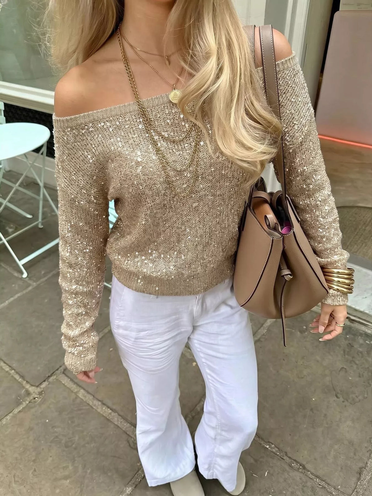 Sequin off-shoulder sweater