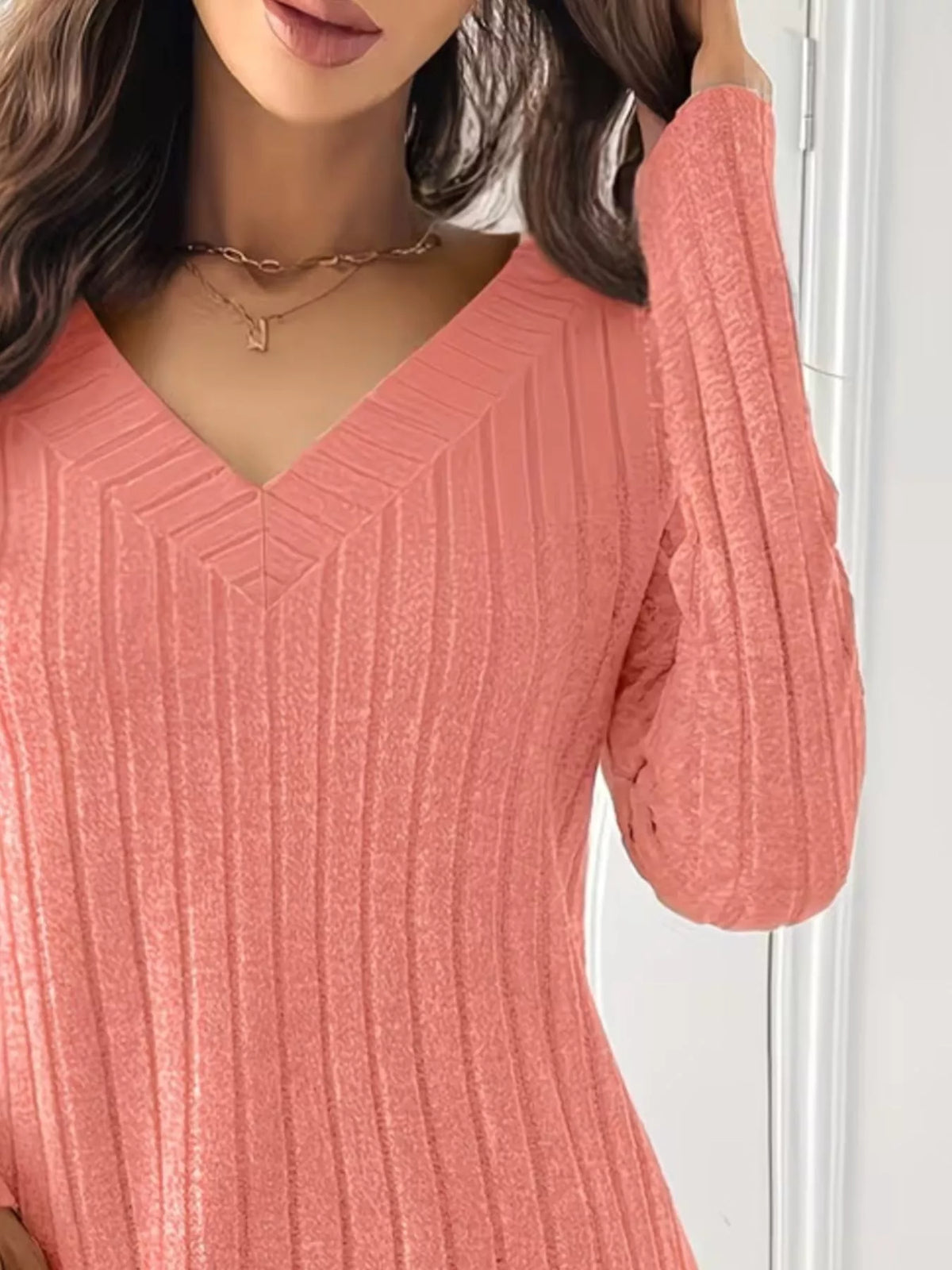 Women's Ribbed Knit Long Sleeve T-Shirt in peach — neckline detail view