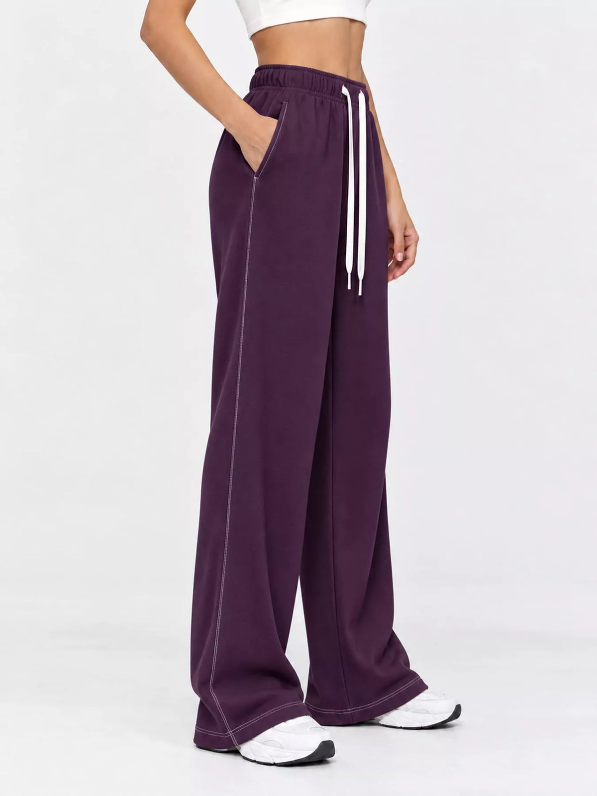 Purple wide-leg pants with drawstring
