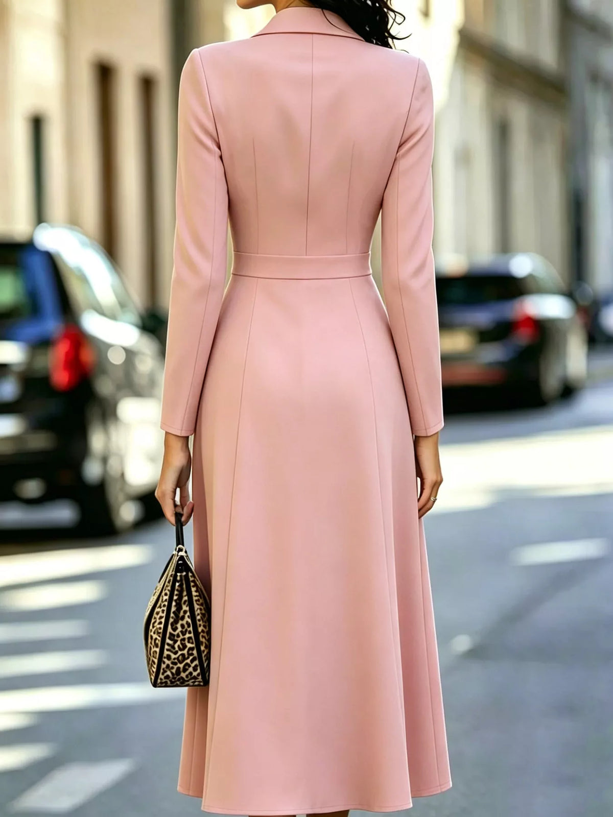 Pink double-breasted lapel collar midi dress — back view