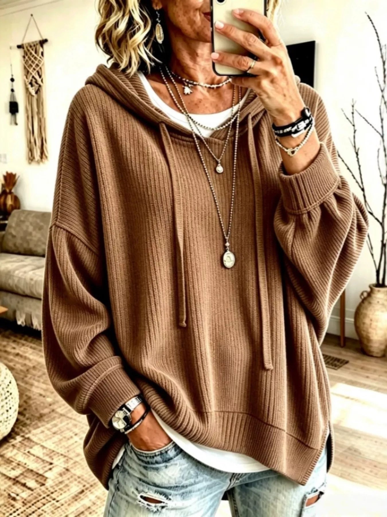 Trendsi Drawstring Ribbed Knit Hoodie -