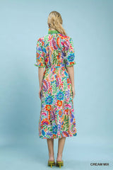 Trendsi Umgee Mix Floral Midi Dress with Ruffle Trim -