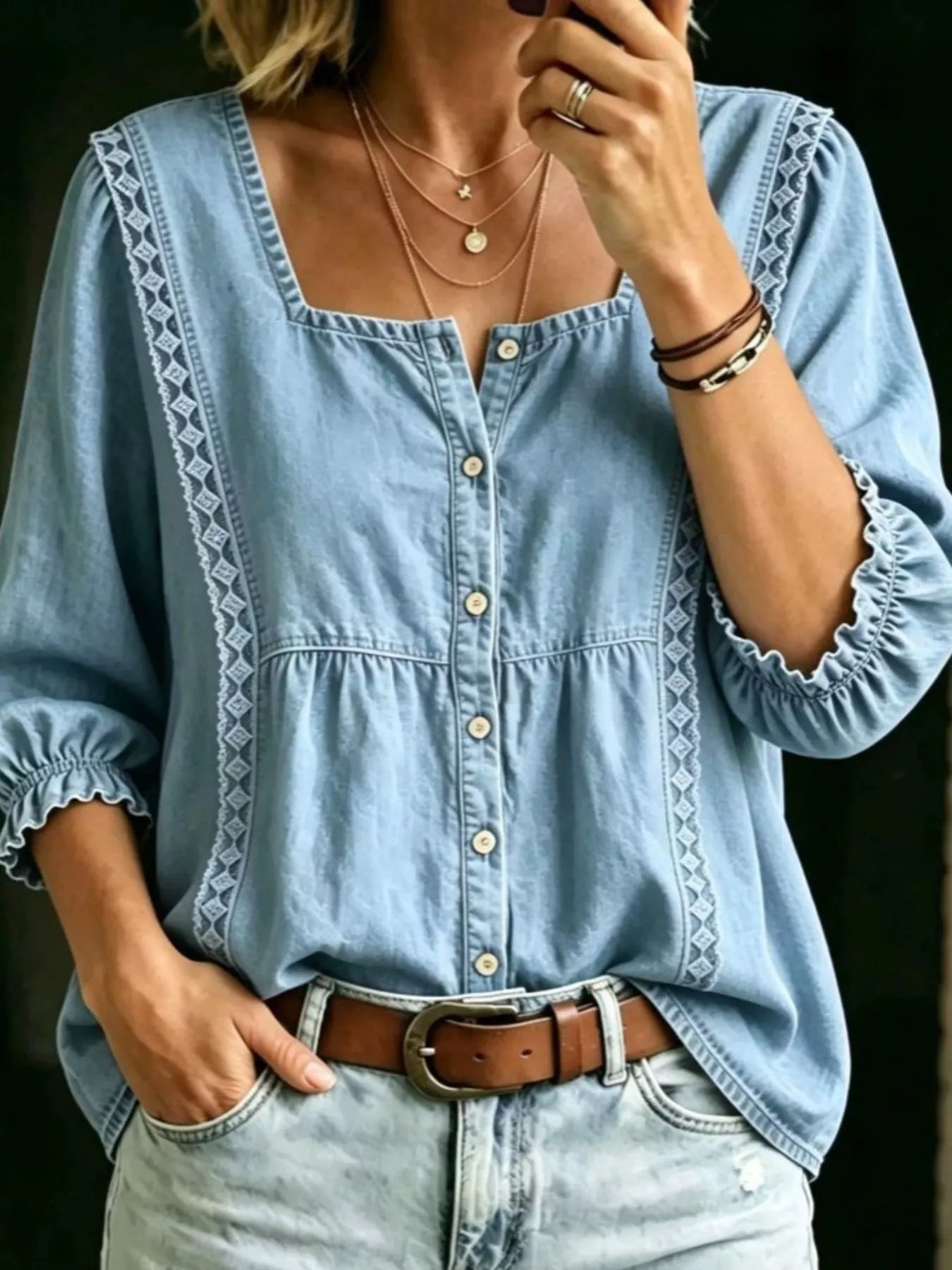 Trendsi Full Size Square Neck Button-Down Denim Shirt Plus Size -