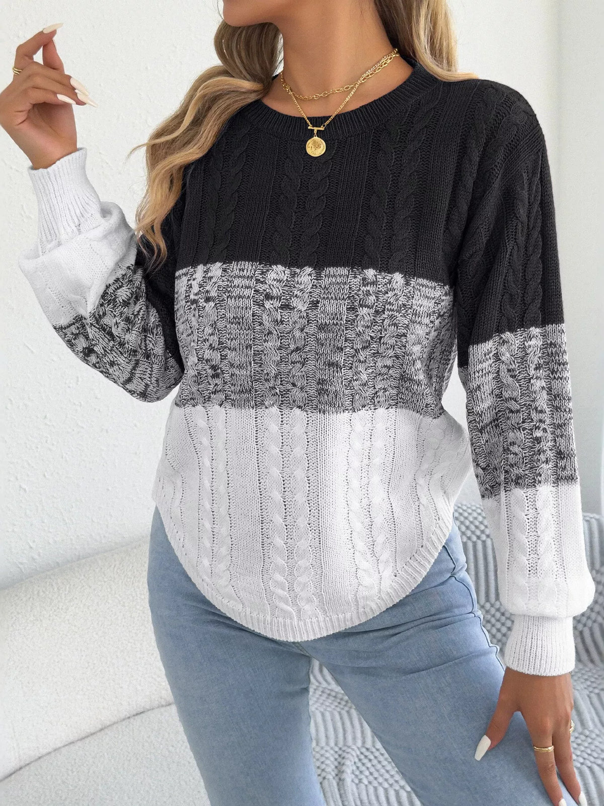 Black color block cable knit sweater