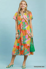 Trendsi Umgee Abstract Tropical Print Tiered Midi Dress -