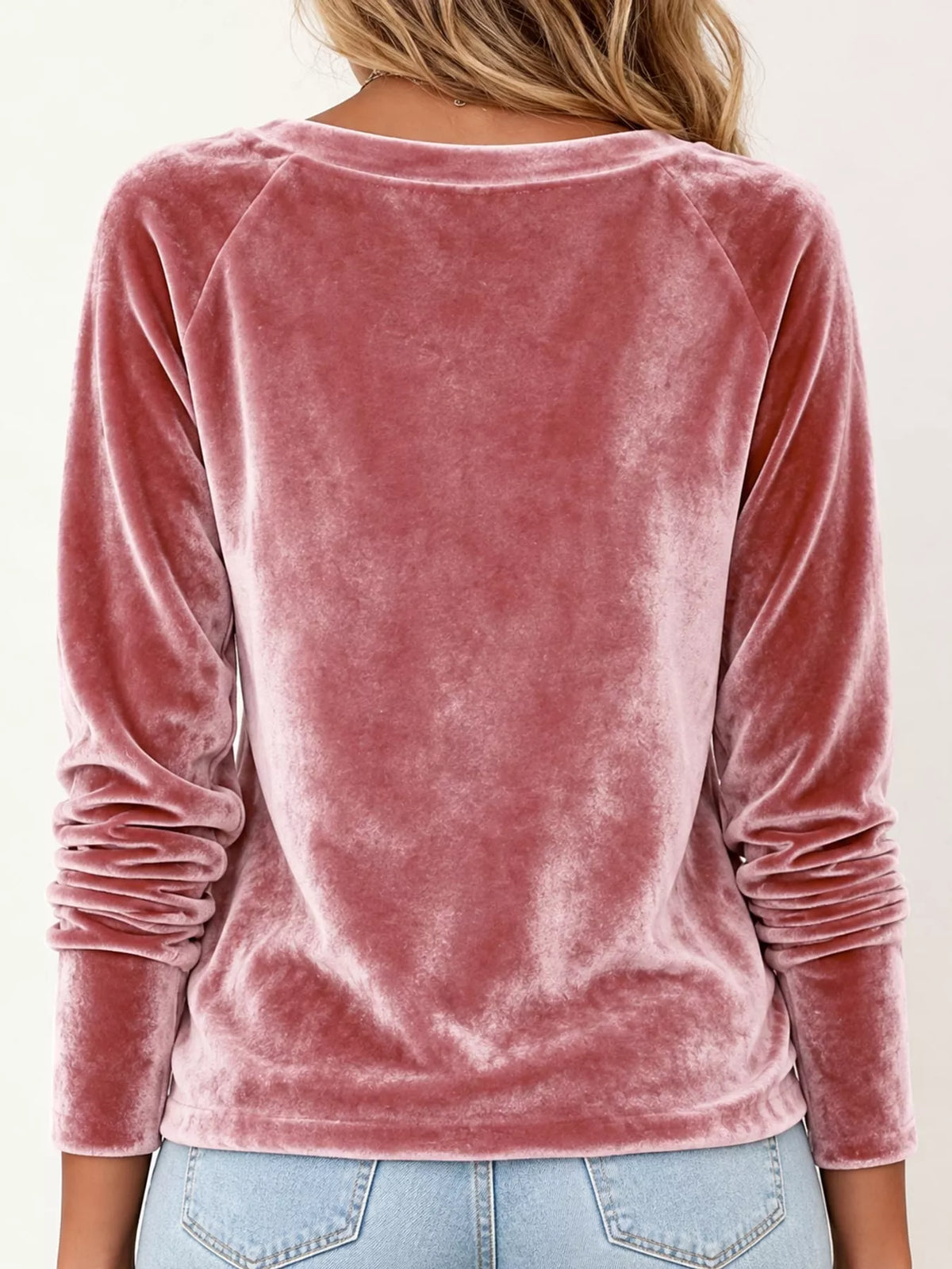 Pink velvet cowl neck long sleeve t shirt, back view