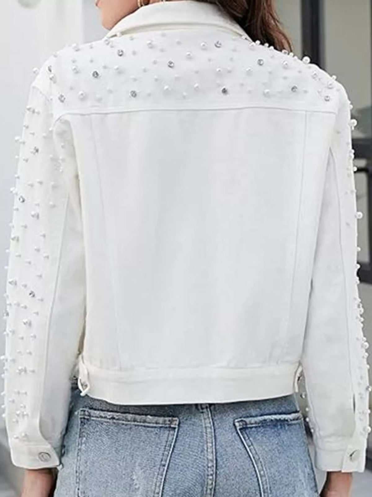 Women's Pearl Detail Button Up Denim Jacket in white — back view