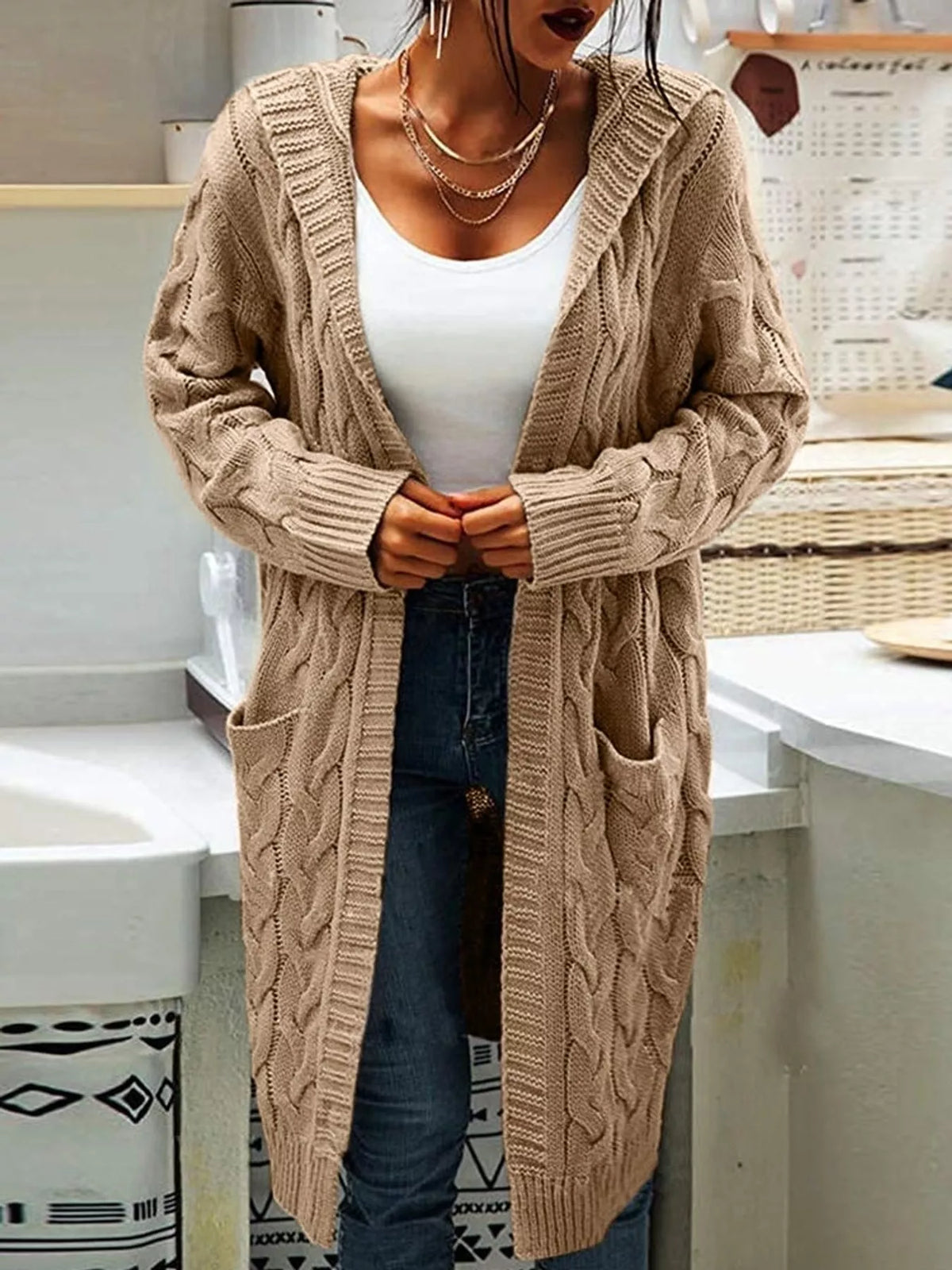Hooded Cable Knit Longline Cardigan in khaki