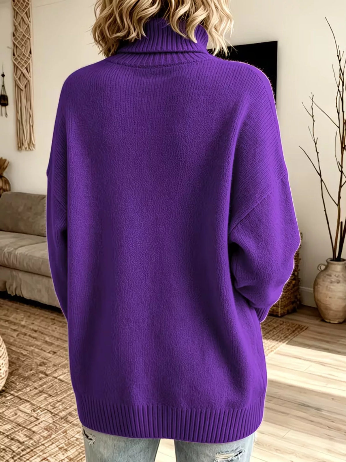 Purple turtleneck sweater, back view