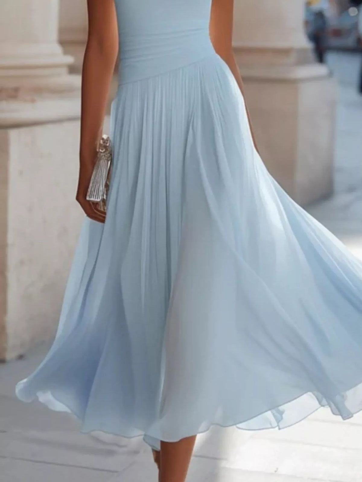 Light blue sleeveless boat neck midi dress — design and construction details