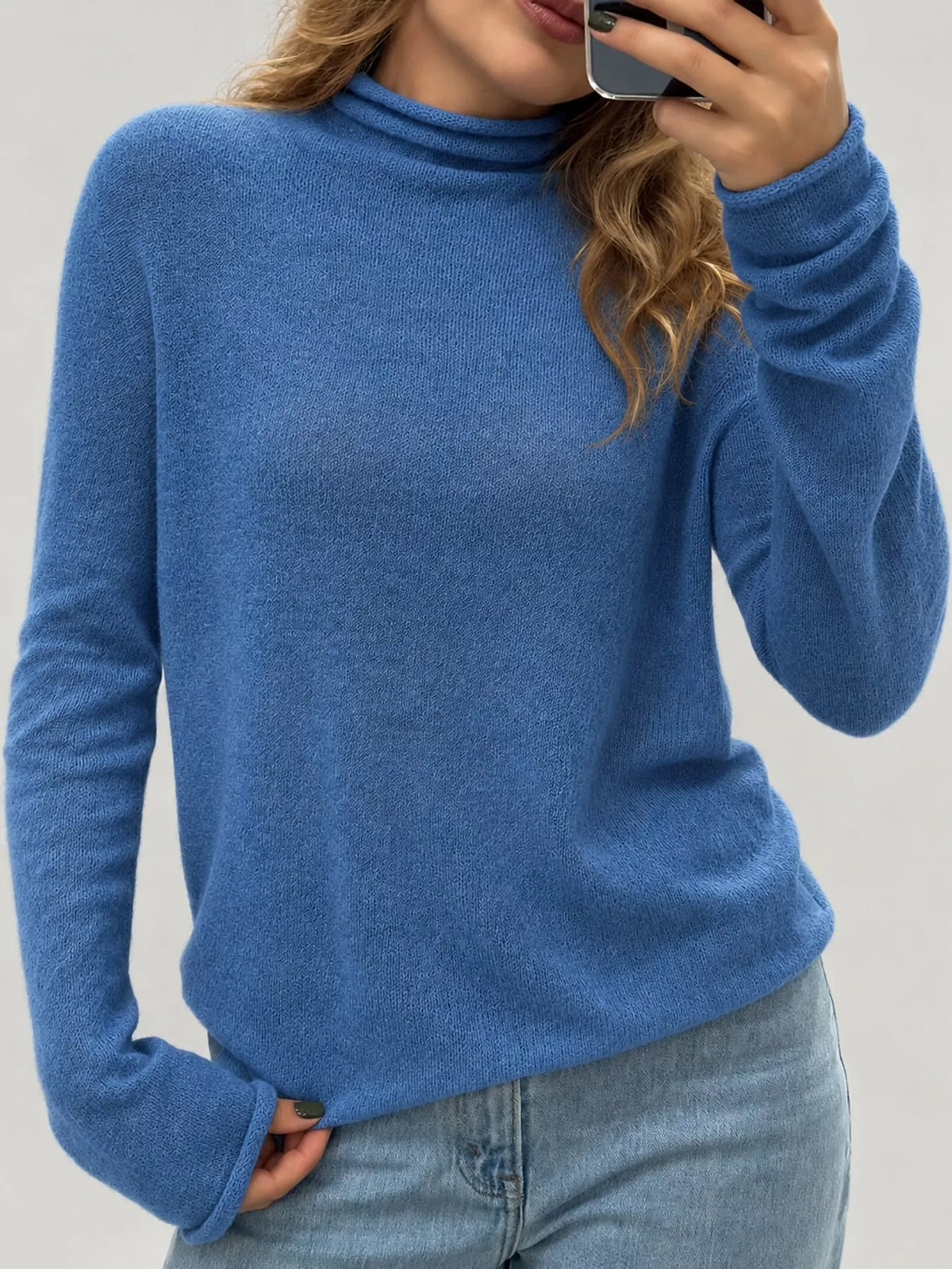 Women's Sheer Turtleneck Knit Top in blue — front view