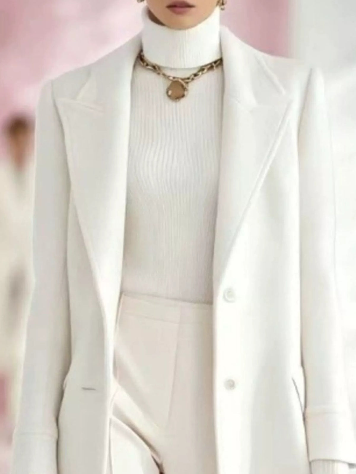 Women's Lapel Collar Longline Coat in white — lapel detail view