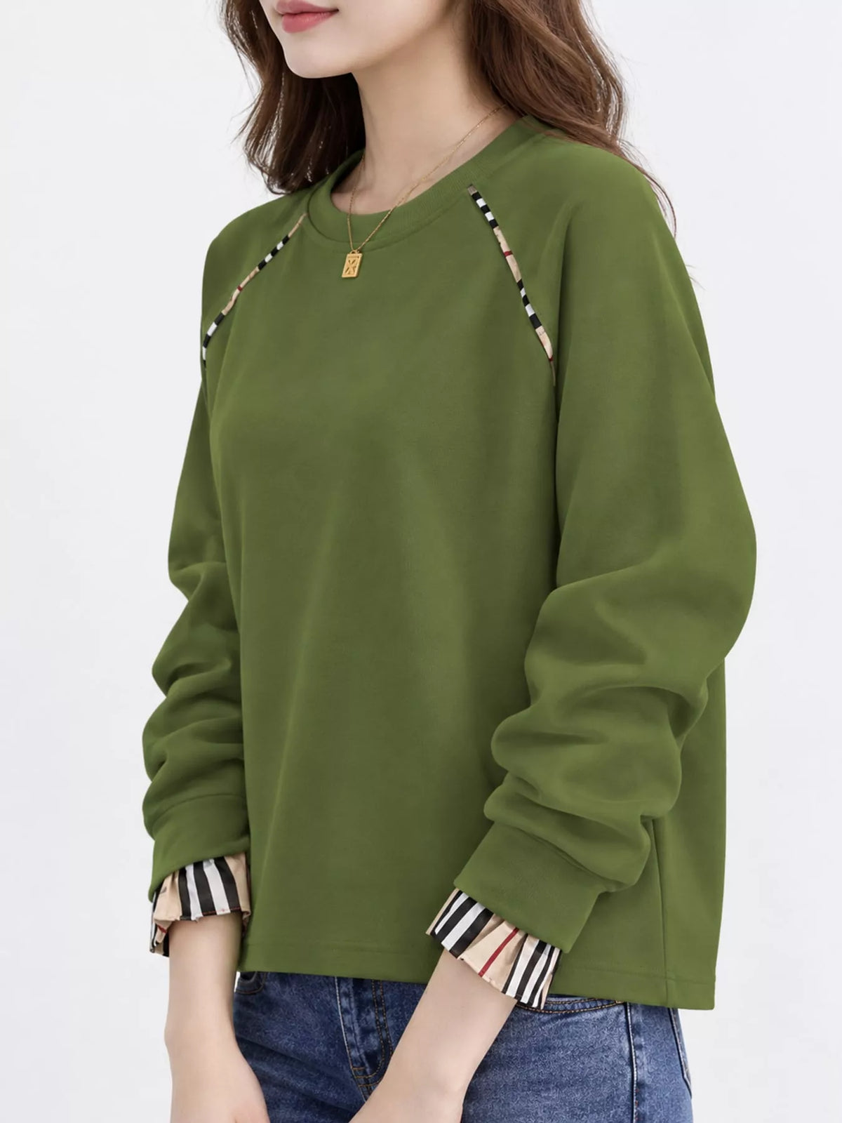 Plaid-trim sweatshirt, green side