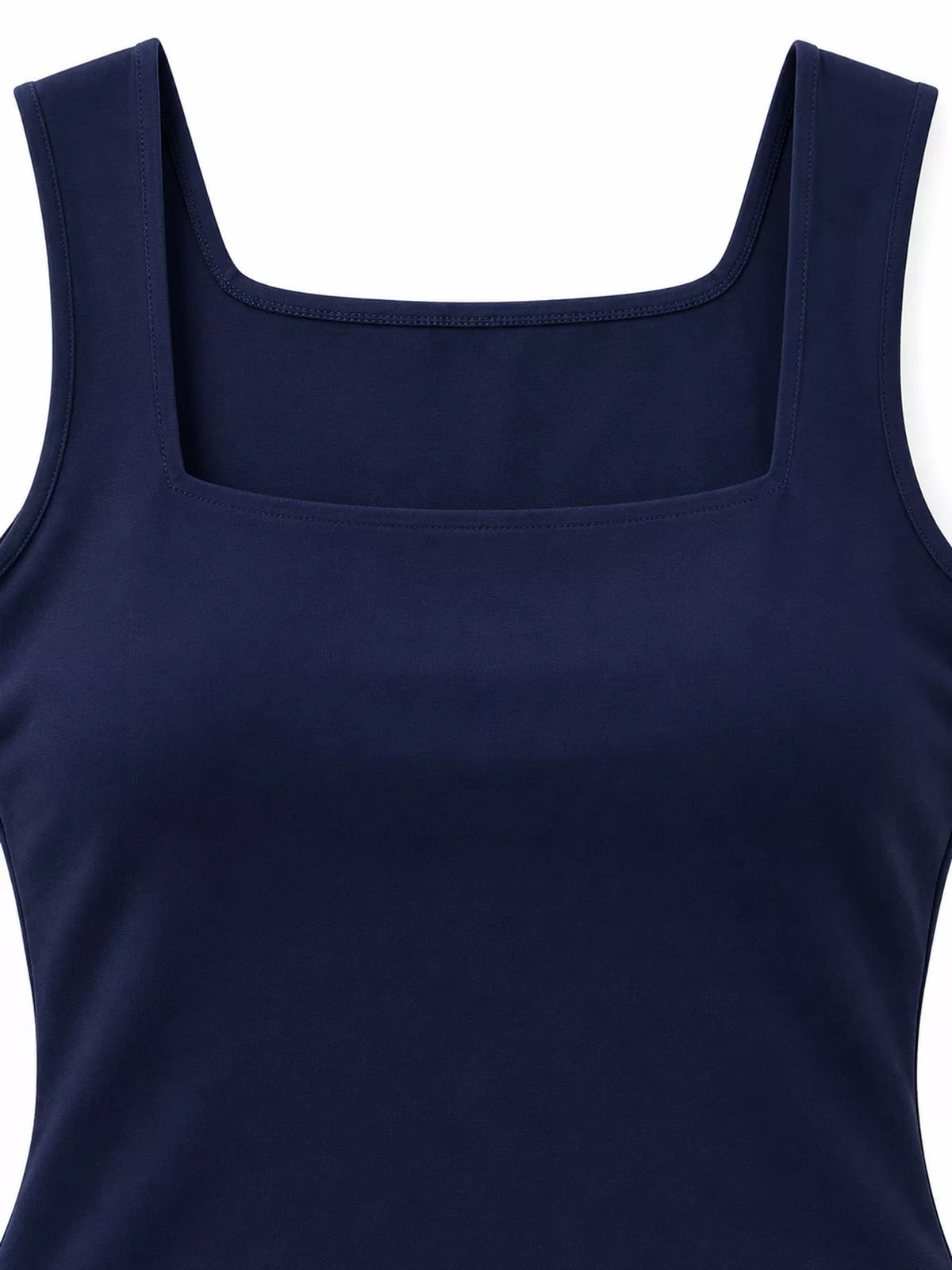 Navy square-neck tank, neckline detail