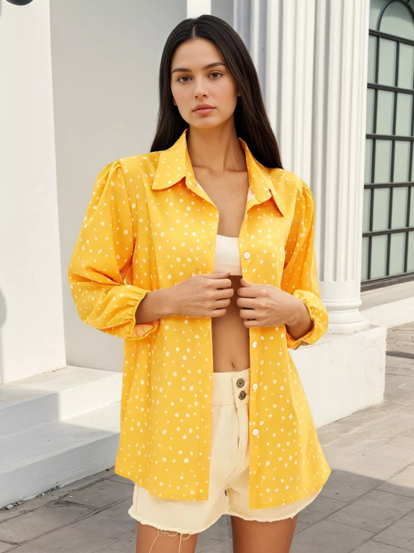 Trendsi Polka Dot Puff Sleeve Shirt - Shirts