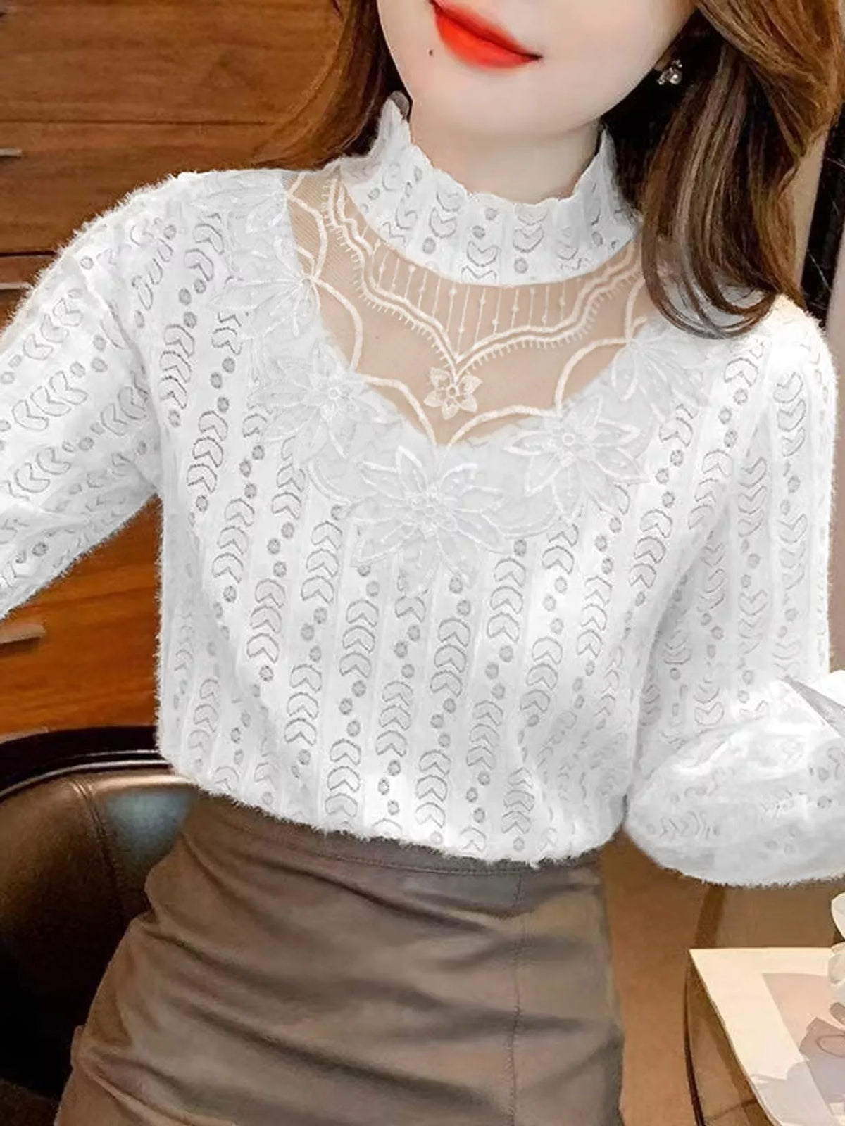 White-Double Layer Lined Opaque mock neck sheer floral lace blouse