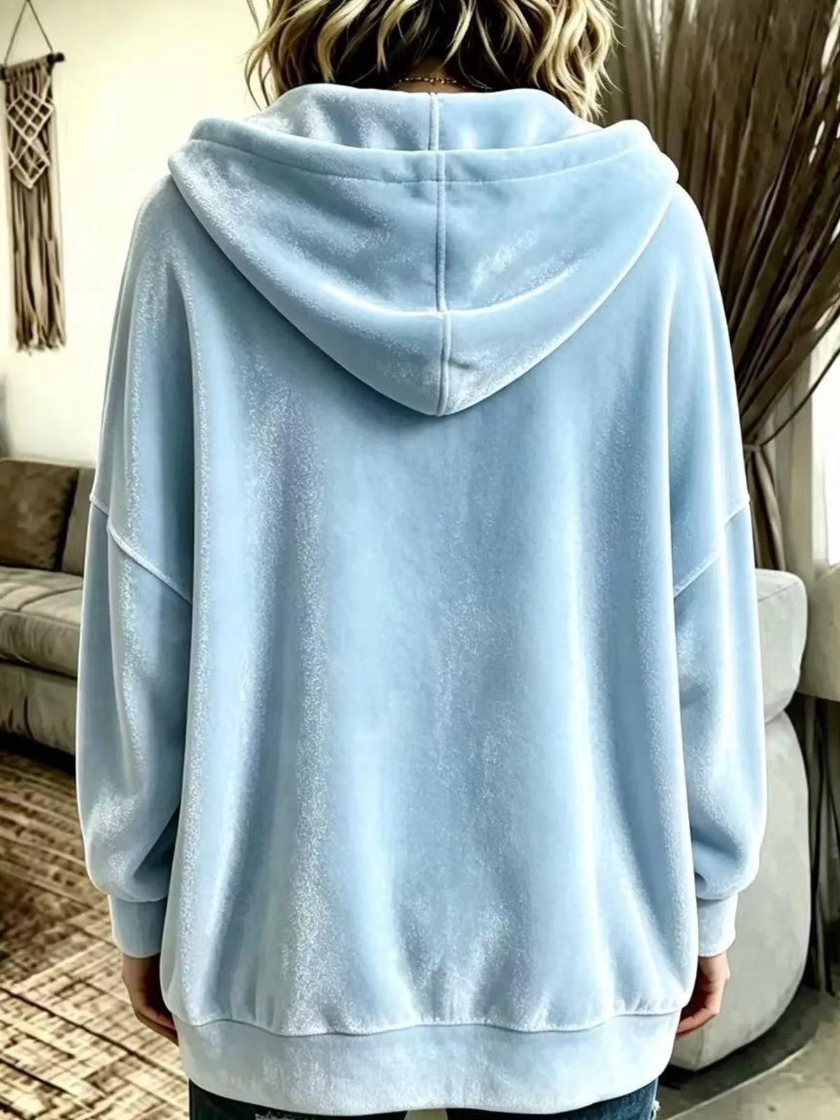 Light blue velvet dropped shoulder hoodie, back view