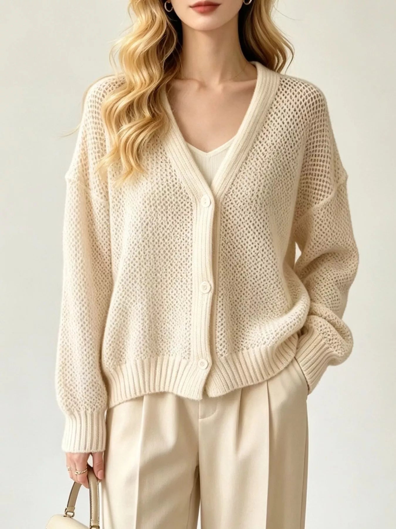 Trendsi V-Neck Open-Knit Button-Down Cardigan -
