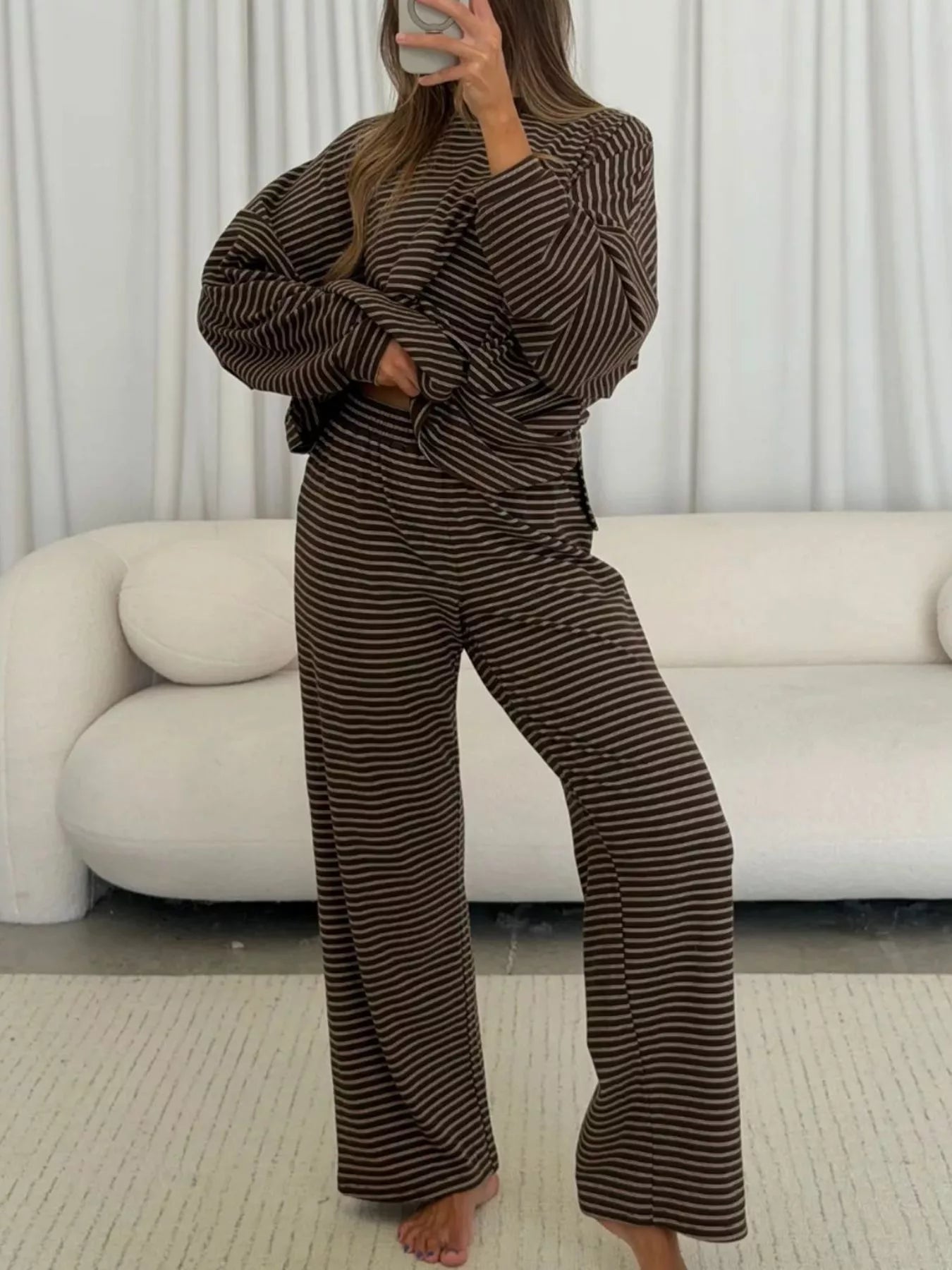 Trendsi Striped Long Sleeve Top and Wide Leg Pants Set -