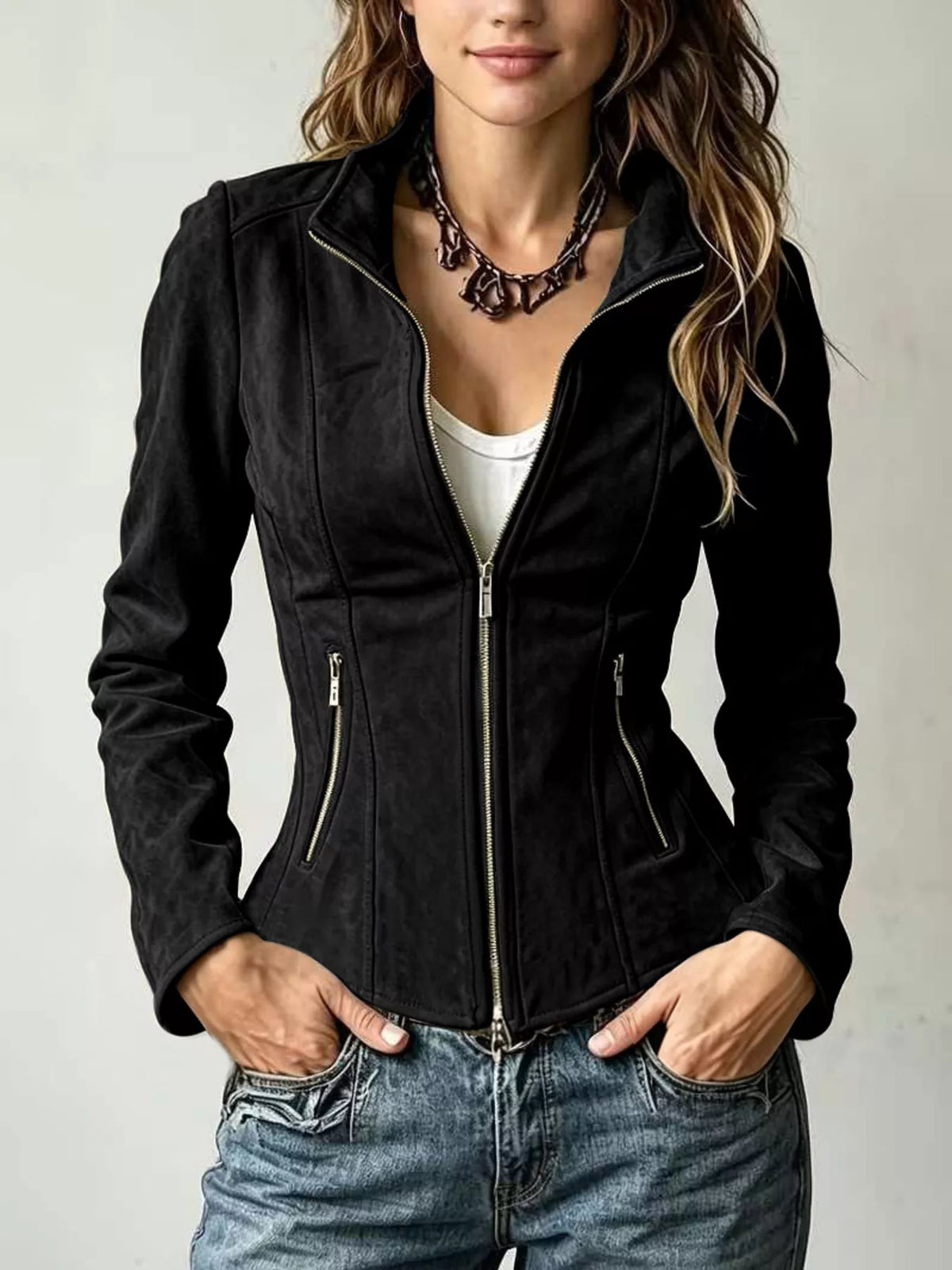 Black slim-fit zip-up jacket