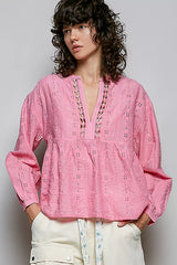 Trendsi POL Eyelet Lace Split Neck Gathered Empire Waist Cotton Blouse - Shirts