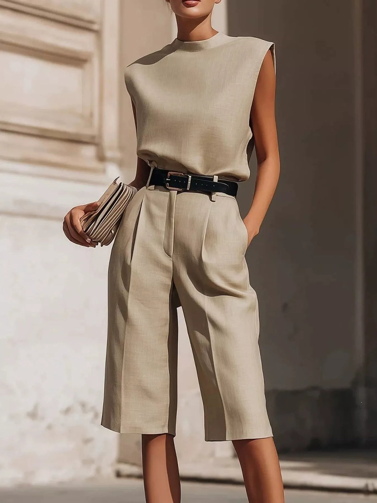 Sleeveless Top and Bermuda Shorts Set in khaki