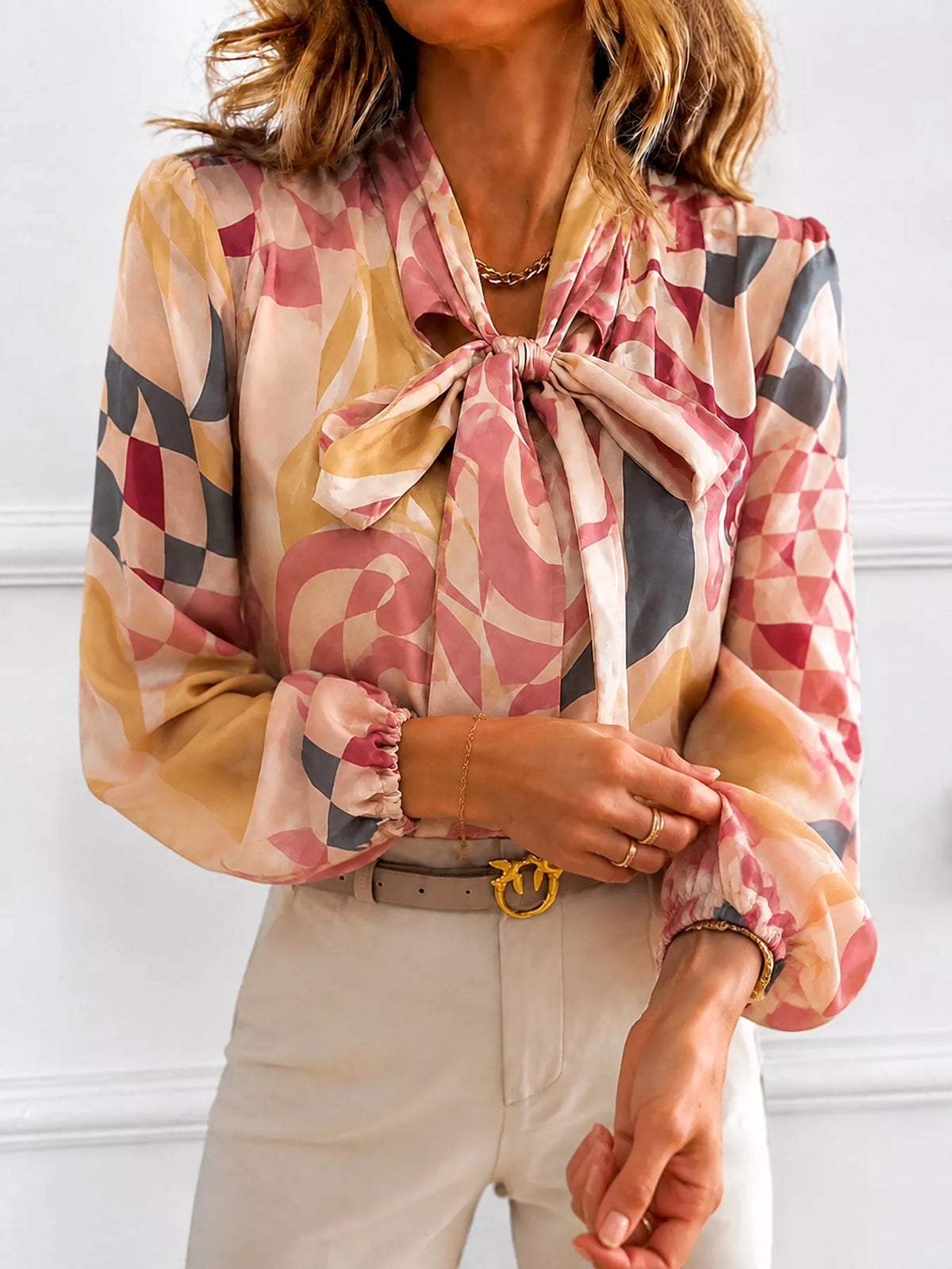 Women's Printed Bow-Tie Neck Long Sleeve Blouse in Pale Blush, detail view