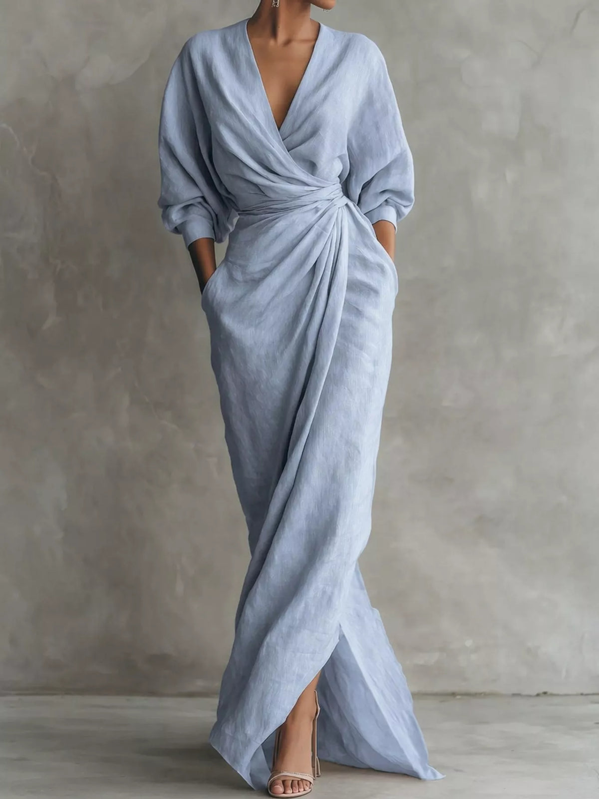 V-neck 3/4 sleeve maxi dress, front view on model