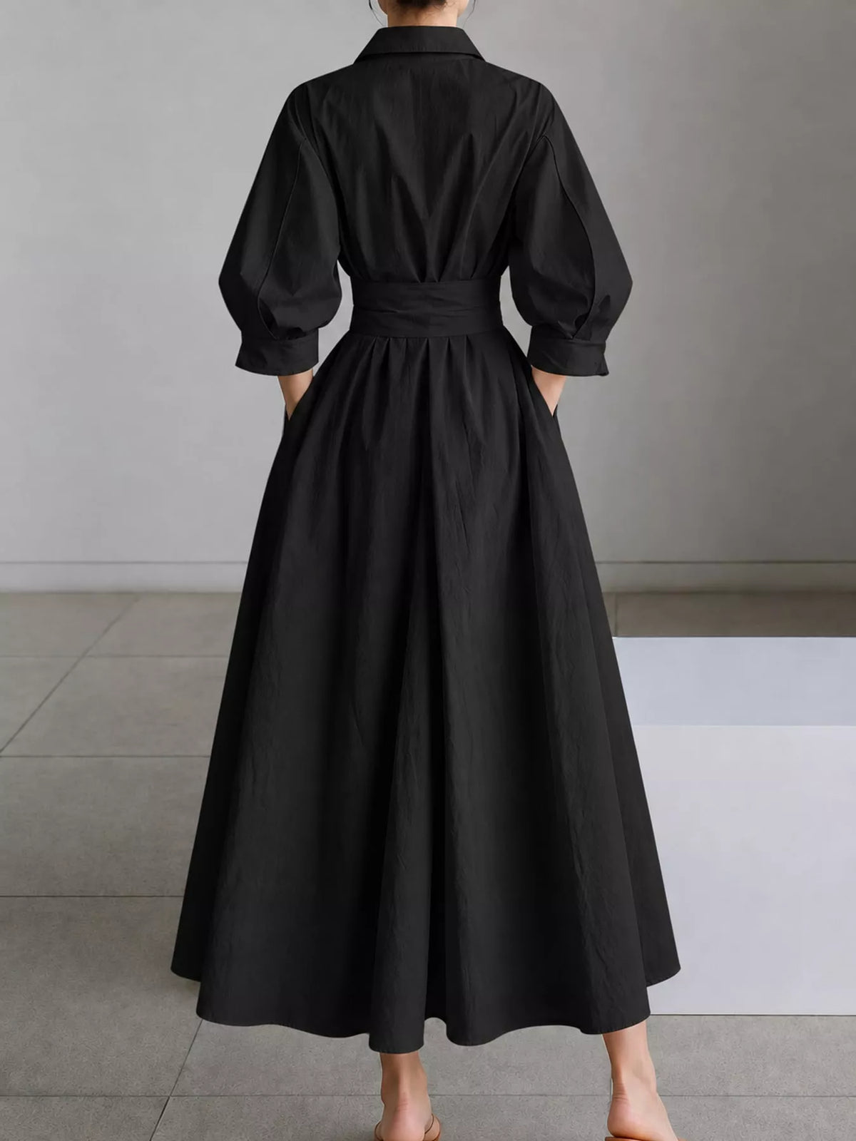 Collared Three-Quarter Sleeve Midi Shirt Dress — back view