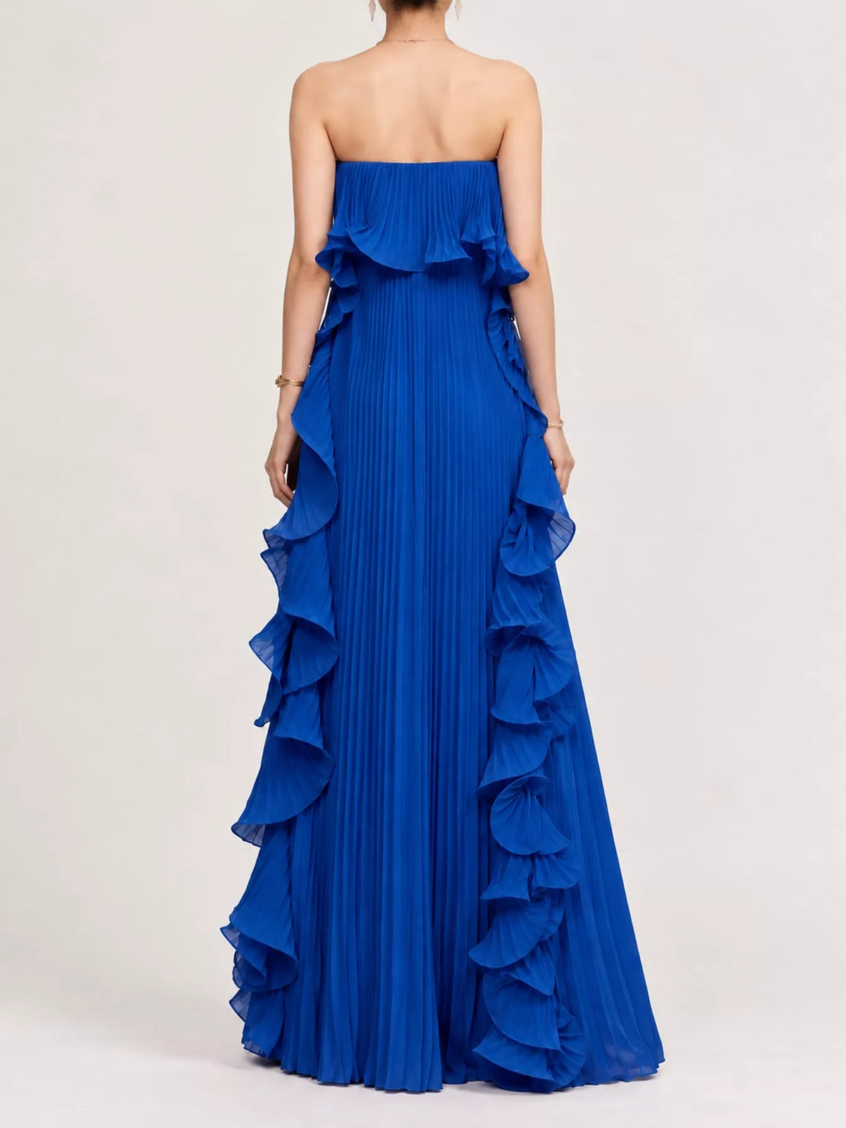 Ruffled Strapless Pleated Maxi Dress — back view