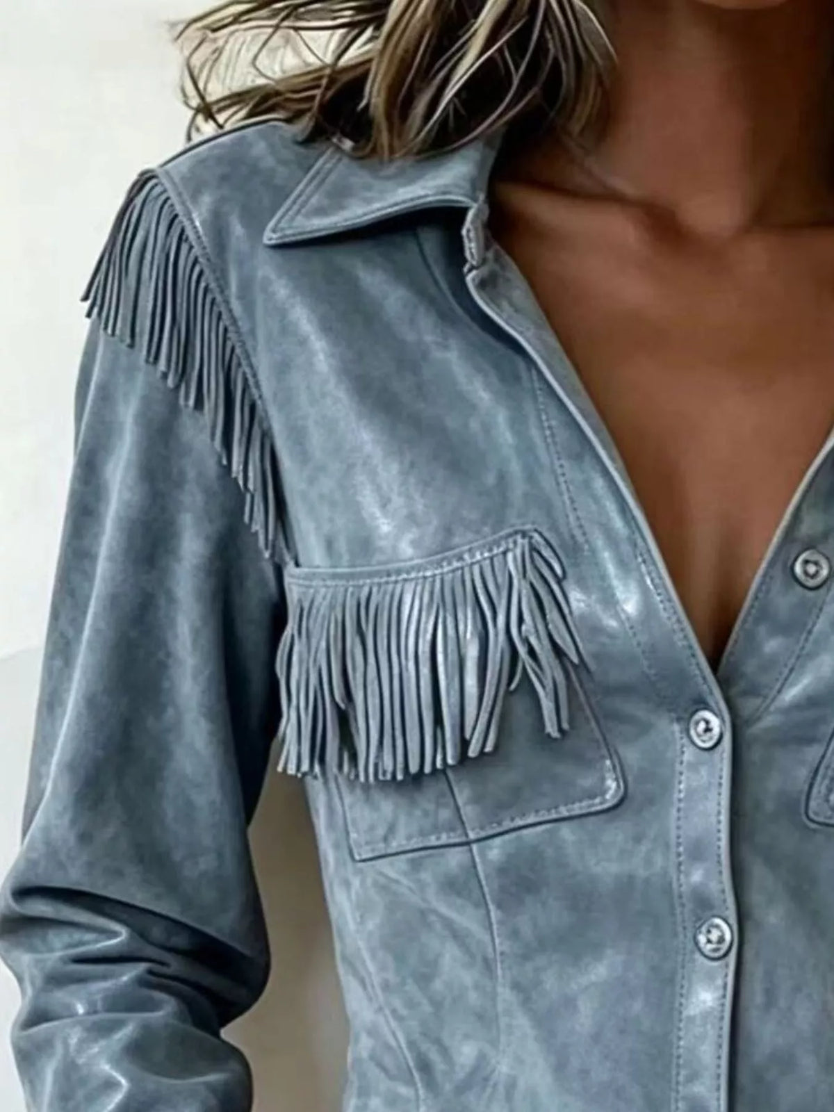 Fringed Snap Down Jacket in blue, collar and fringe detail
