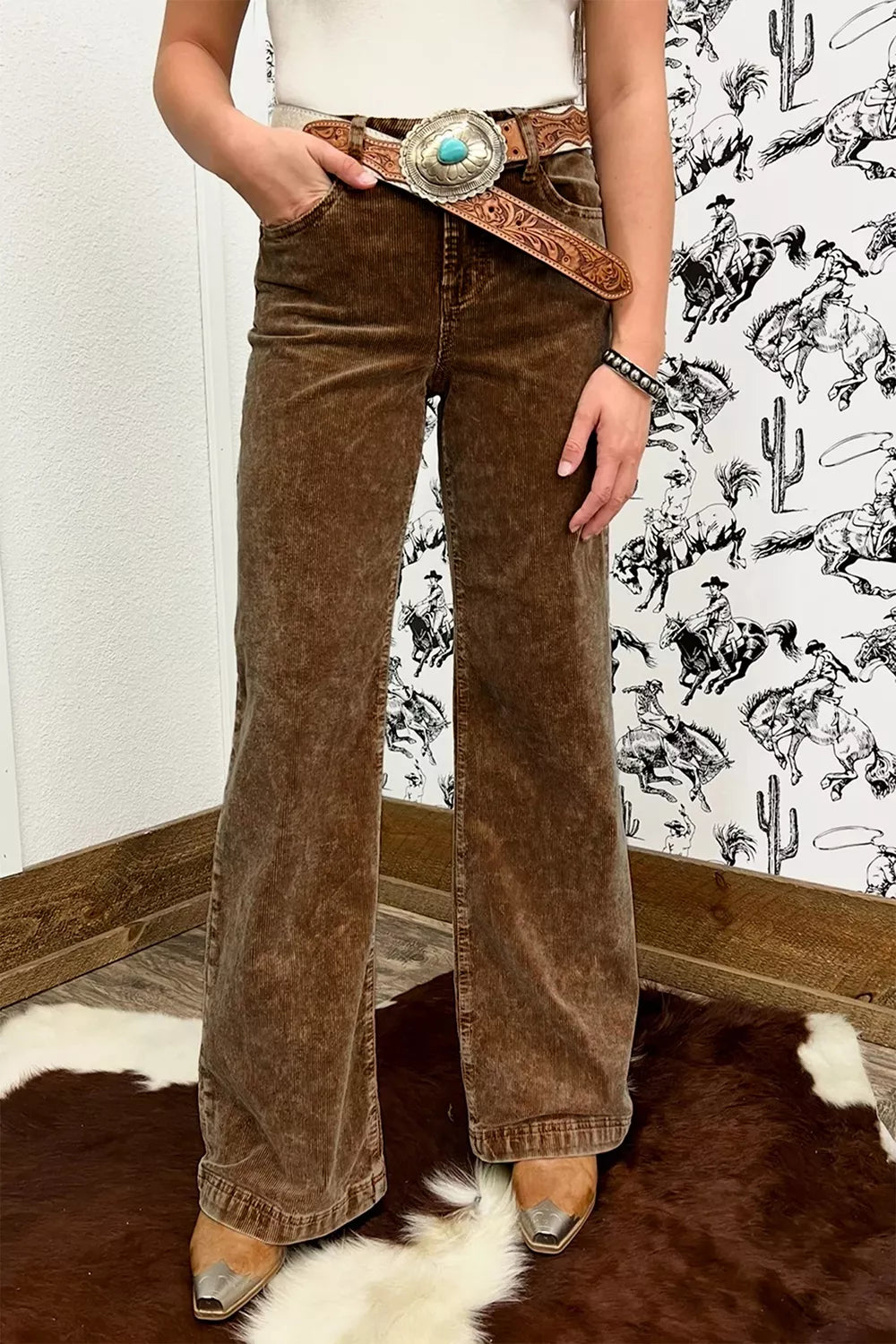 Women's Straight Leg Corduroy Metal Button Zip-up Pants in Taupe, back view